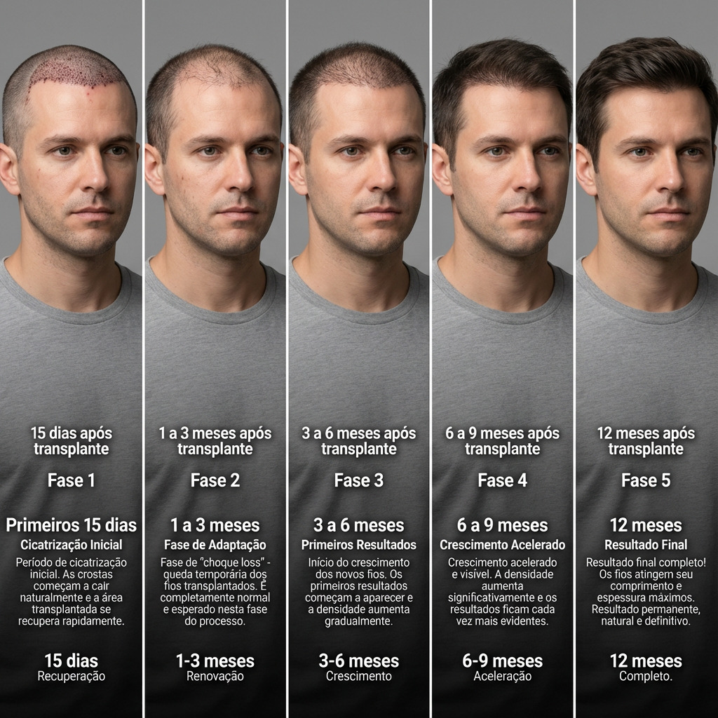 Linha do tempo dos resultados do transplante capilar